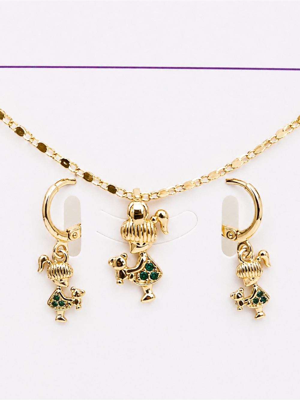 Gold-Tone Girl Pendant Necklace & Hoop Earring Set with Green Accents